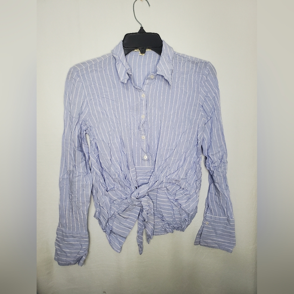 Pre-Loved Women’s Haute Monde Blue And White Strip Long Sleeve Button Blouse S